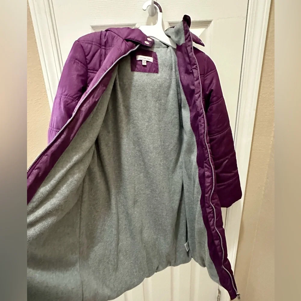 Calvin Klein Girls' Hooded Puffer Jacket purple faux fur trim hood size 12/14